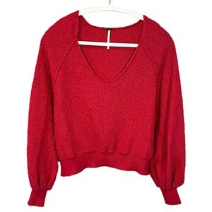 Free People Found My Friend Cotton Balloon Sleeve Pullover Crop Sweater Red XS